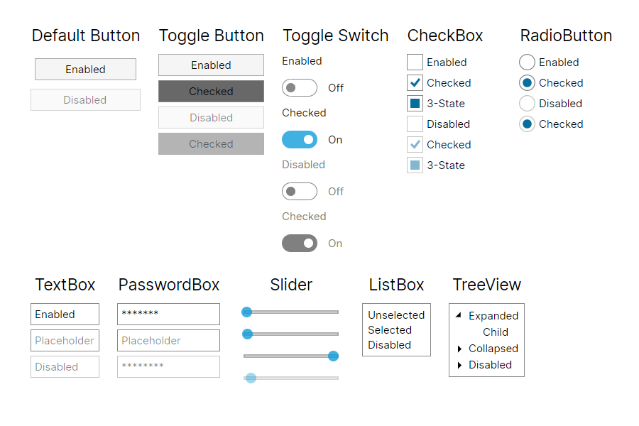 A screenshot of a user interface, demonstrating the appearances of various UI controls using a simple design theme.
