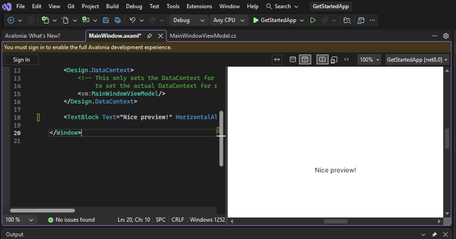 A screenshot demonstrating a test of the Avalonia XAML previewer.